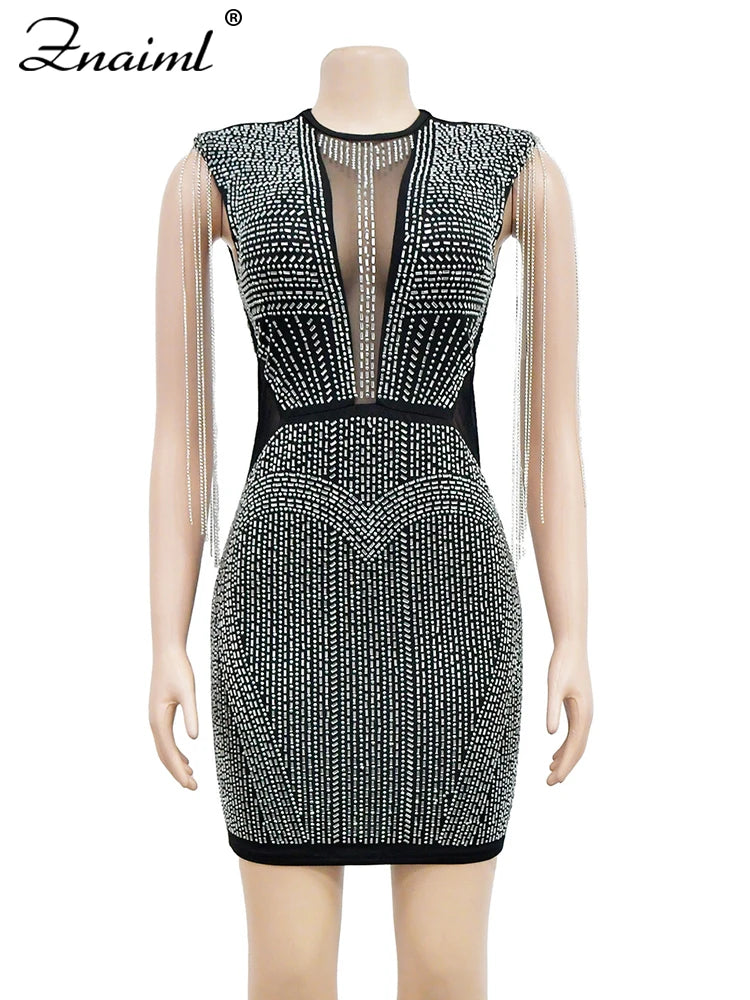 Mesh Sheer Patchwork Sparkly mini dress Crystal Diamonds Rhinestone