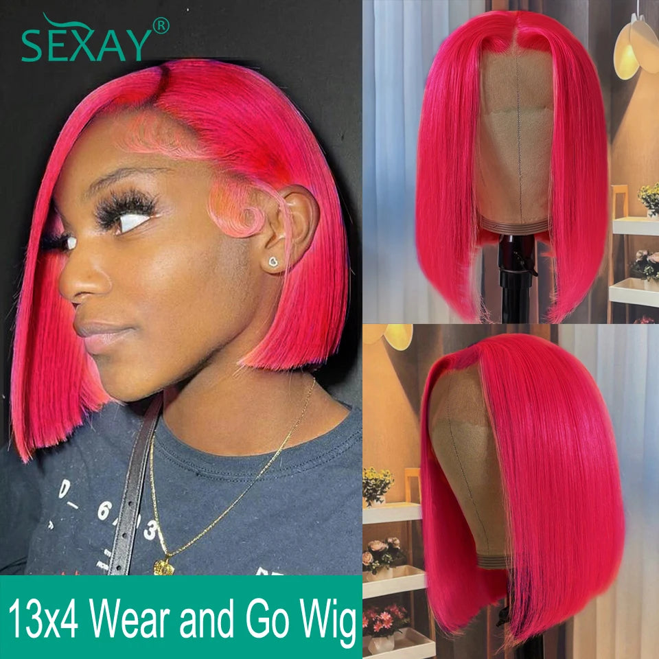 Short Bob Wig 8-14 Inch Pink Color Human Hair Wigs Pre Plucked 13x4 Ear To Ear Transparent Lace Frontal Pre Cut Short Bob Wig