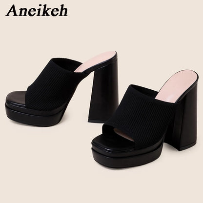 Aneikeh Sexy Knitted Woolen Chunky Platform Sandal Heels Women's Peep Toe High Heel