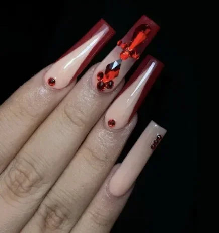 24Pcs Gradient Long Coffin False Nails with Green Rhinestones Design Black Square French Full Cover Press on Nail Tips for Girls