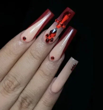 24Pcs Gradient Long Coffin False Nails with Green Rhinestones Design Black Square French Full Cover Press on Nail Tips for Girls