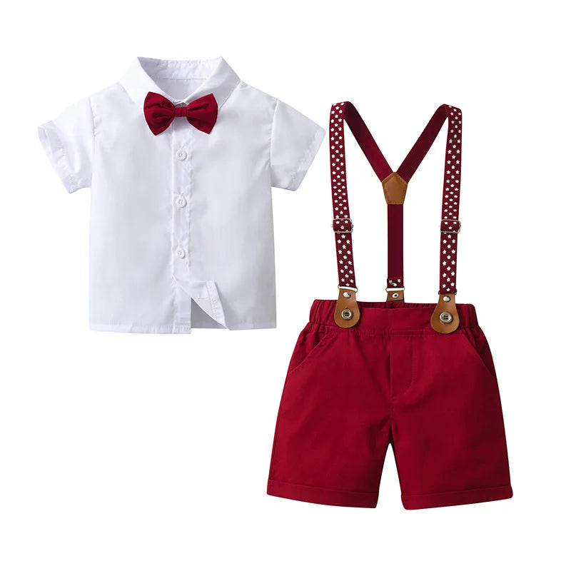 1 2 3 4 5 6 Years Boy Summer Costume Star Print Suspender Set Solid T-shirt Shorts Children Toddler Wedding Suis Kid Cotton Set