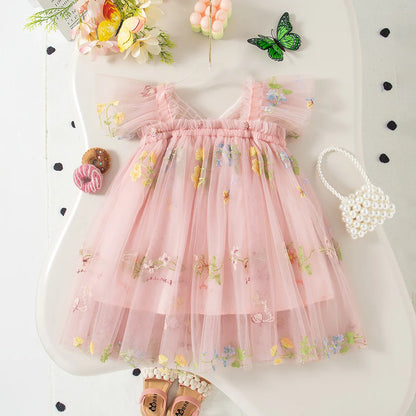 Baby Girl Dress Summer Fruit Flower Print Cute Bow Back Decoration Baby Girl Dress Princess Style Birthday Party Baby Girl Dress