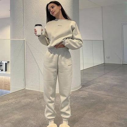 Autumn And Winter New Casual Sports Women's Suit Fashion Solid Color Simple Warm Pants Hoodie Female 2 Piece