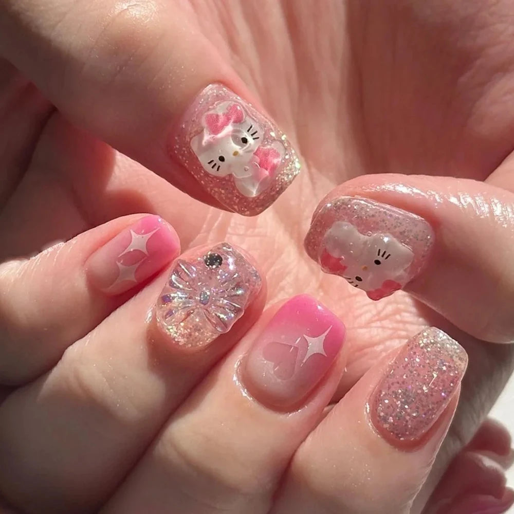 500pcs Cute Sanrio Nail Art Charms 3D Pink Bow Hello Kitty Cinnamoroll Nail Decoration