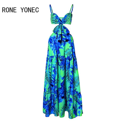 Women Elegant Sexy Spaghetti Straps All Over Print Midriff  Maxi Dress