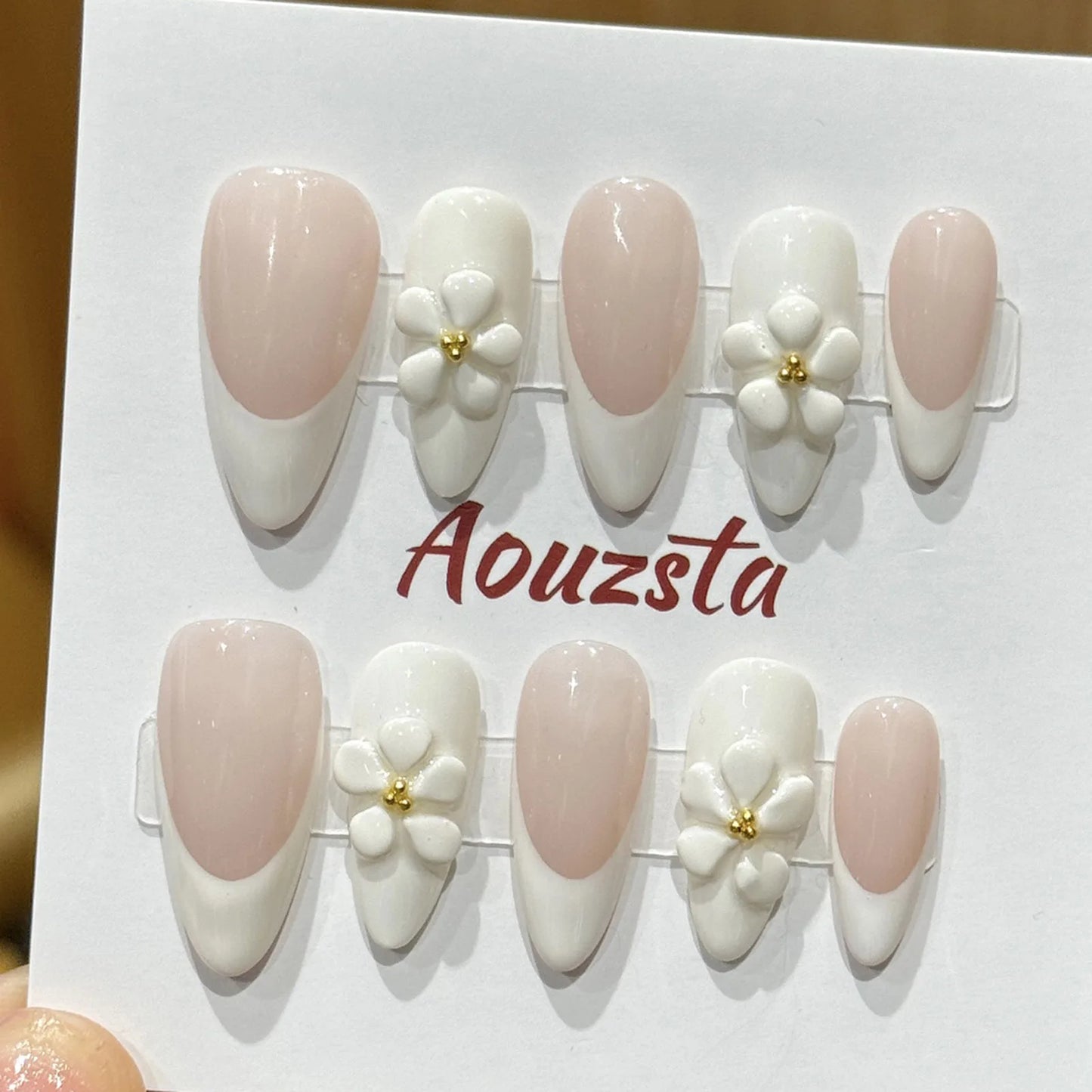 10pcs Handmade Press On Nails 3D Carving Flower Shells False Nails