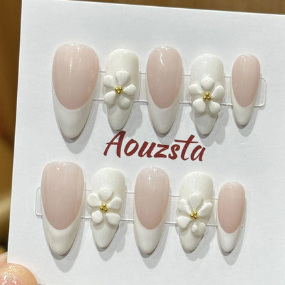 10pcs Handmade Press On Nails 3D Carving Flower Shells False Nails