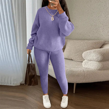 Winter Two Piece Sets Women Clothing Autumn Fashion Casual Solid Round Neck Pullover Loose Pit Knitted Sweater Pants Suits