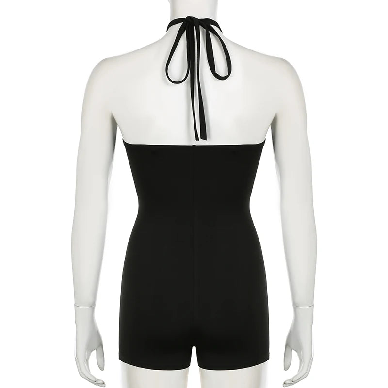 Sexy Hollow Out Women Playsuits Fashion Metal Rings Backless Skinny Rompers