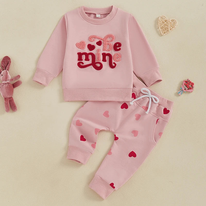Baby Girls 2-piece Outfit, Long Sleeve Embroidery Letters Hoodie with Heart Print Sweatpants Valentines Day Clothes