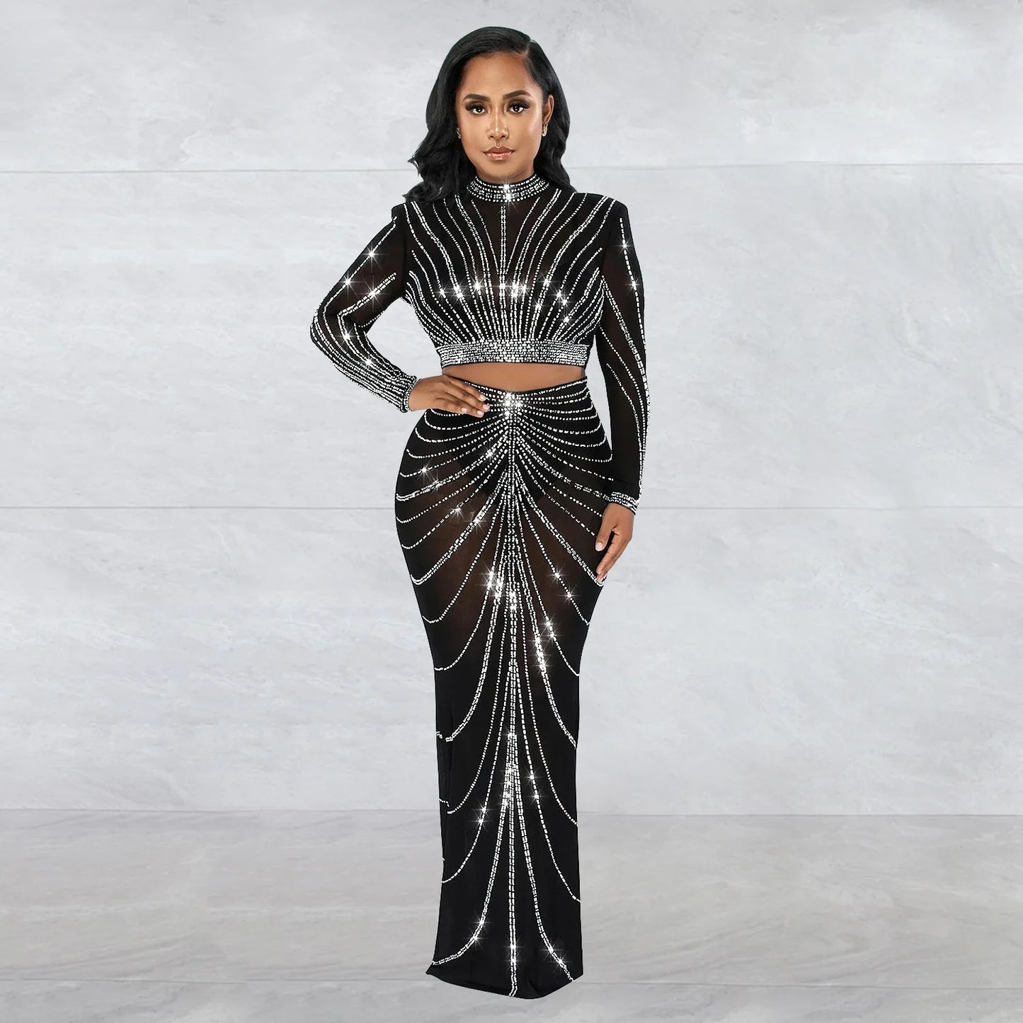 Rhinestone Mesh See Through Long Sleeve Cocktail Dress
