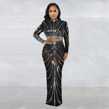 Rhinestone Mesh See Through Long Sleeve Cocktail Dress