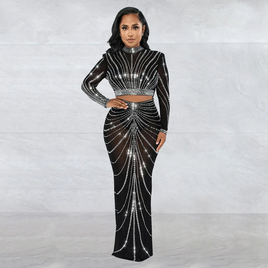 Rhinestone Mesh See Through Long Sleeve Cocktail Dress