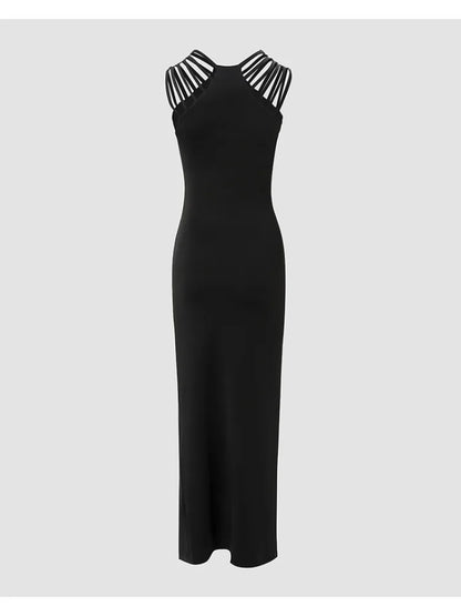 Slim Hot Rhinestone French Sleeveless High Slit Sexy Dress