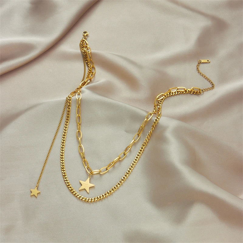Stainless Steel Gold Color Star Pendant Women Necklace Casual