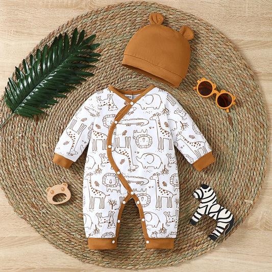 2pcs Baby boy Bodysuit Cartoon Zoo Pattern Long sleeved Bodysuit+Hat Suitable for Newborns Aged 0-9 Months