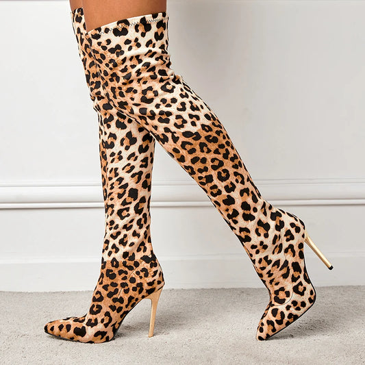 Aneikeh Over Knee Long Boots Sexy Leopard Fetish Strip Pole Dance Pointed Toe Thin Heels