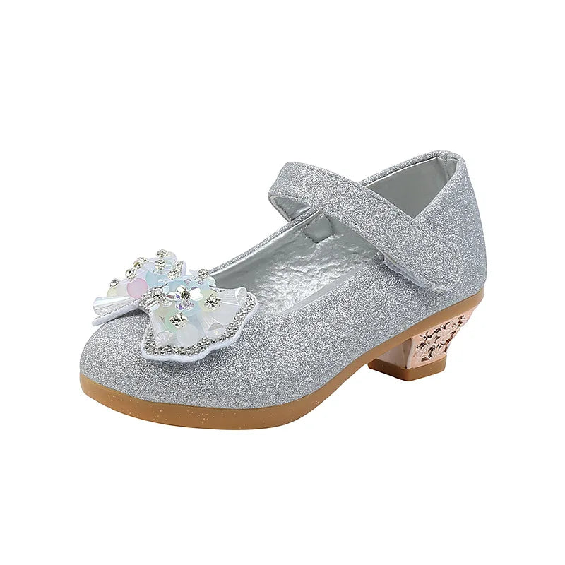 Kids Leather Shoe Sweet Princess Shoes for Girls with Rhinestone Bowtie Fashion Versatile Children's Shoes with Heels for Party
