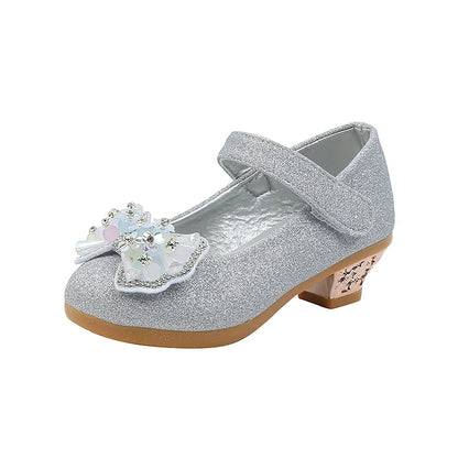 Kids Leather Shoe Sweet Princess Shoes for Girls with Rhinestone Bowtie Fashion Versatile Children's Shoes with Heels for Party
