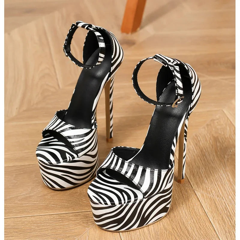 Zebra Stripe Open Toe Women Sandals Sexy Platform Ultra High Heels Buckle Strap Shoes