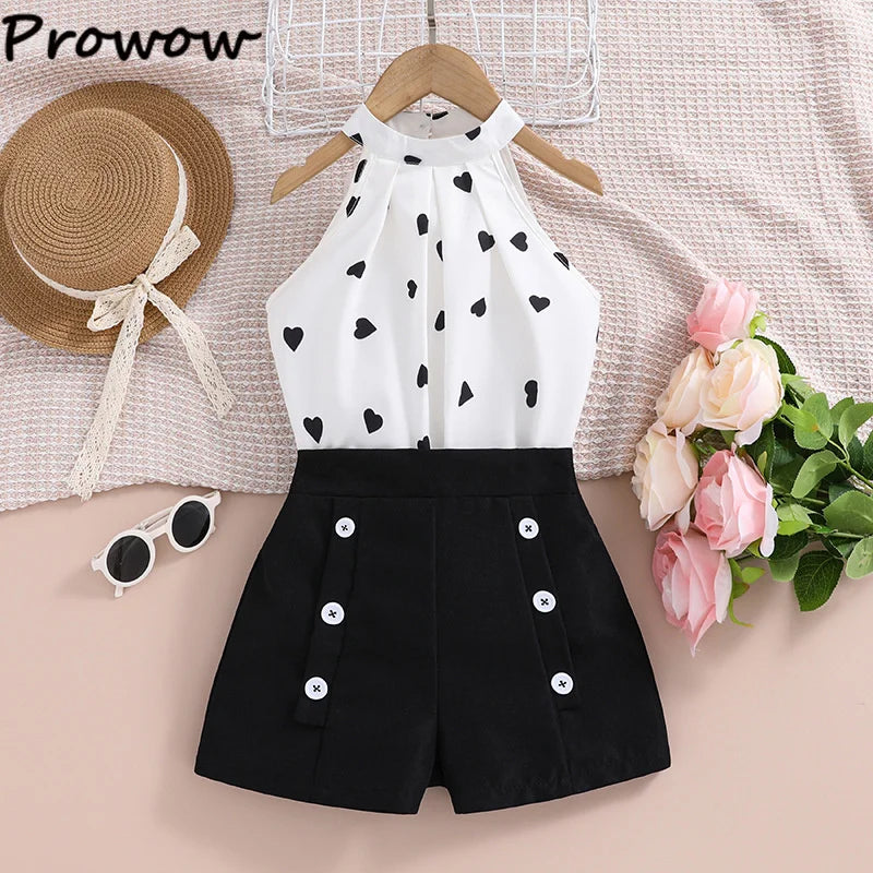 4-12Y Summer Sets For Girls Outfits Sleeveless Halter Neck Heart Top and Black Shorts Children Teenager