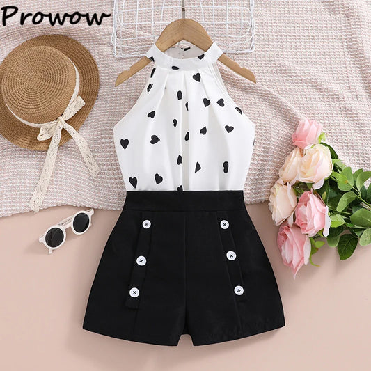 4-12Y Summer Sets For Girls Outfits Sleeveless Halter Neck Heart Top and Black Shorts Children Teenager