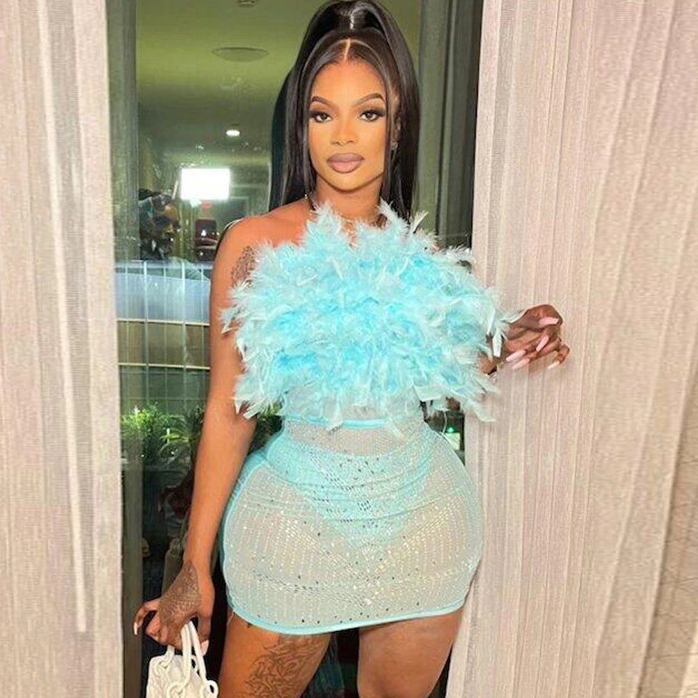 Off The Shoulder Mesh Sheer Rhinestone Feather See Through