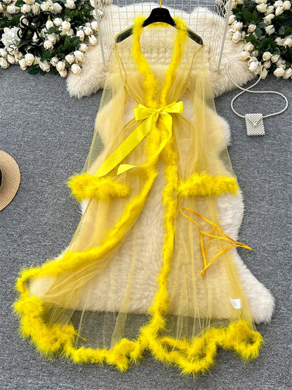 SINGREINY Transparent Gauze Spliced Wool Long Robes Sleepwear Women Lace Up Long Sleeve Robes Fashion Sheer Sexy Cardigan Robes