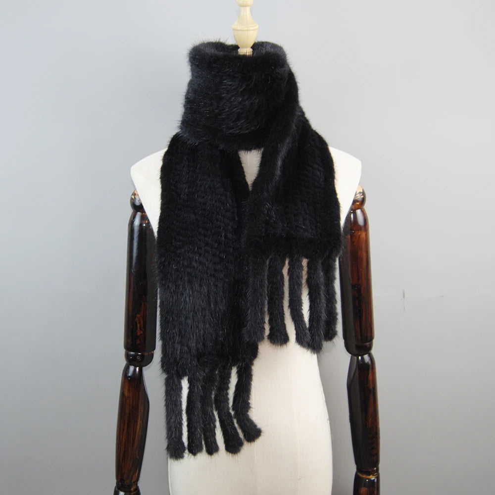 2025 Luxury Women Muffler 100% Real Mink Fur Scarf With Tassel Hand Knitted Natural Mink Scarves Neck Warmer Poncho Wholesale