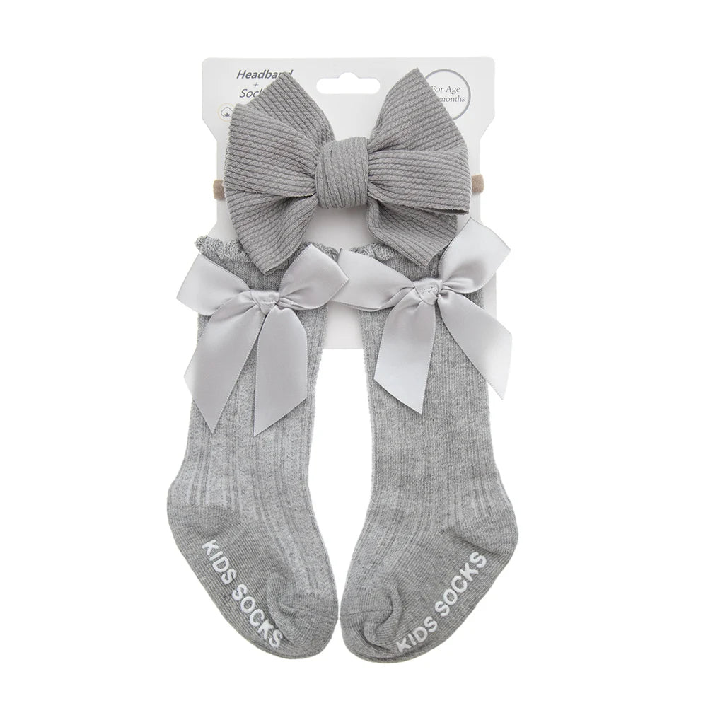 3Pcs/Set Baby Cotton Knee Socks Silk Stain Hair Bow Headbands Non-slip 0-12M Long Leggings Stockings Nylon Hairbands Infant Sock