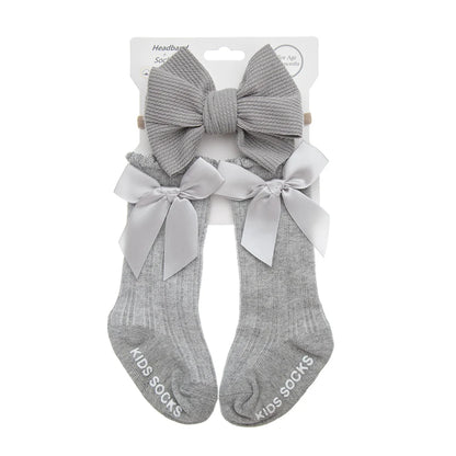 3Pcs/Set Baby Cotton Knee Socks Silk Stain Hair Bow Headbands Non-slip 0-12M Long Leggings Stockings Nylon Hairbands Infant Sock