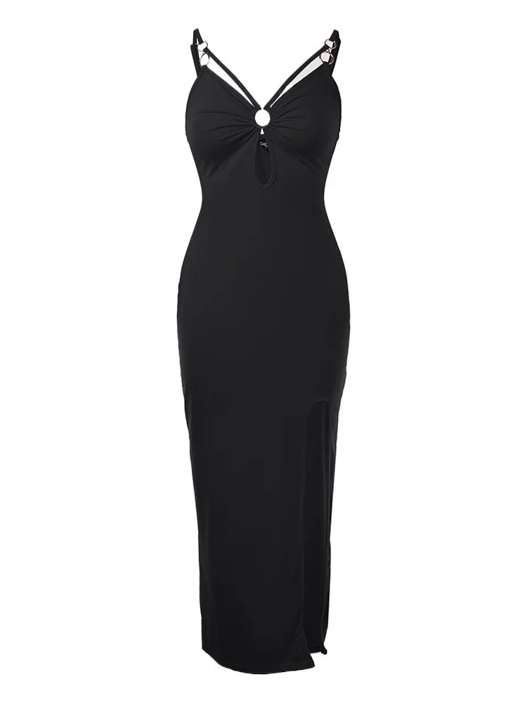 Womens Maxi Dresses Summer Trend 2025 Ladies Sexy O-ring Decoration Spaghetti Straps Hollow Out High Silt Vacation Party Dress