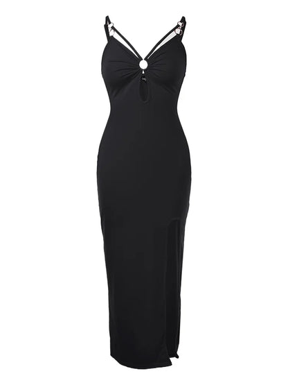 Womens Maxi Dresses Summer Trend 2025 Ladies Sexy O-ring Decoration Spaghetti Straps Hollow Out High Silt Vacation Party Dress