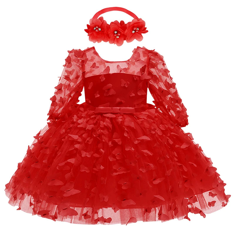 0-24M Baby girl dress full moon baptism dress mesh fluffy princess dress three-dimensional flower bow
