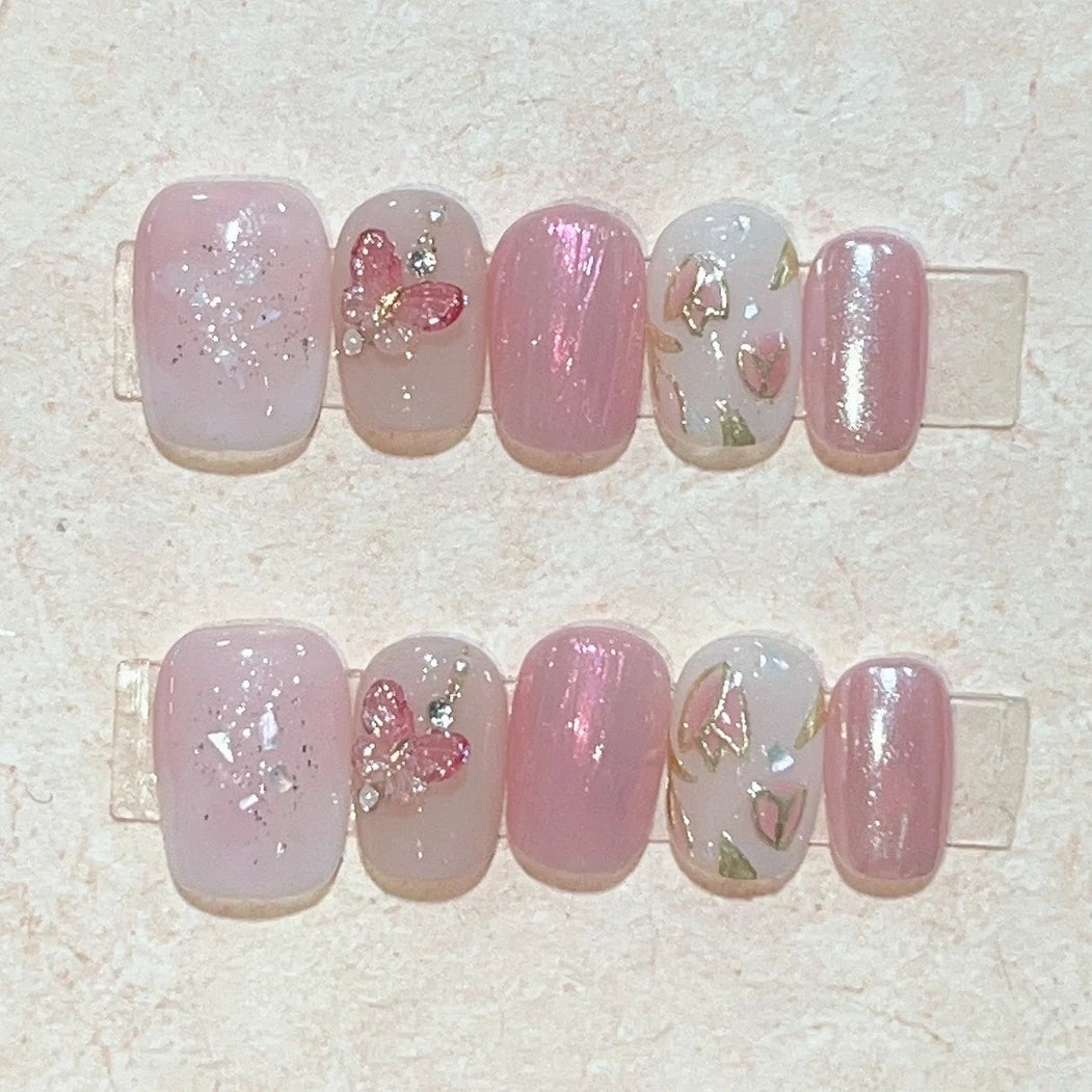 10Pcs Short Round Handmade Press On Nails Full Cover Peach Pink