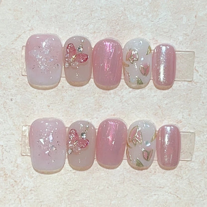 10Pcs Short Round Handmade Press On Nails Full Cover Peach Pink
