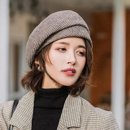Simple Women Wool Beret for Elegant Lady Winter Female Cotton Hats Plaid Vintage Octagonal Casual Autumn Cap