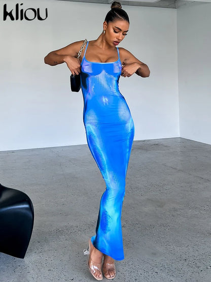 Shiny Print Maxi Dress Women Sexy Hipster Sleeveless Body-shaping Dress