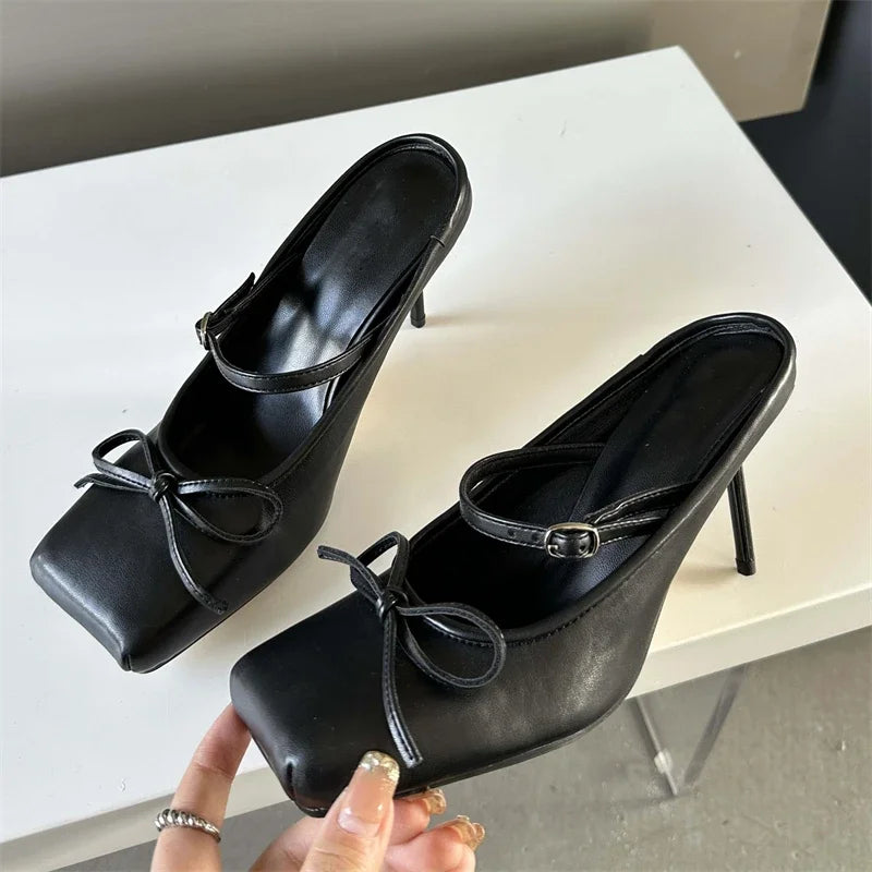 Eilyken New Design Bowknot Square Toe Women Pumps Sexy Buckle Strap Thin High Heels Banquet Prom Mule Slippers Shoes
