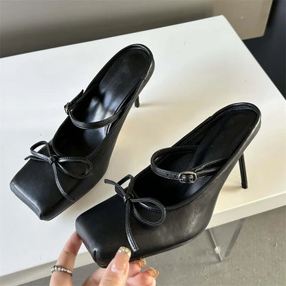 Eilyken New Design Bowknot Square Toe Women Pumps Sexy Buckle Strap Thin High Heels Banquet Prom Mule Slippers Shoes