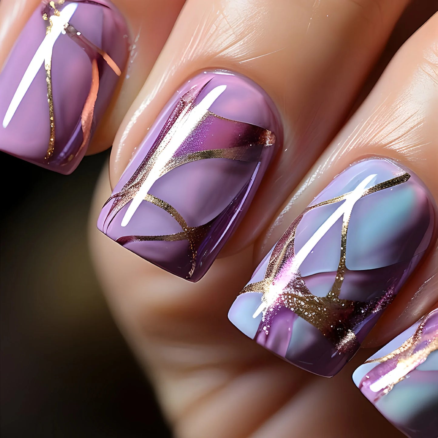 24pcs/set short square Glossy Medium Ballerina Fake Nails jellyfish blue sea wave flowers geometric design press on false nail