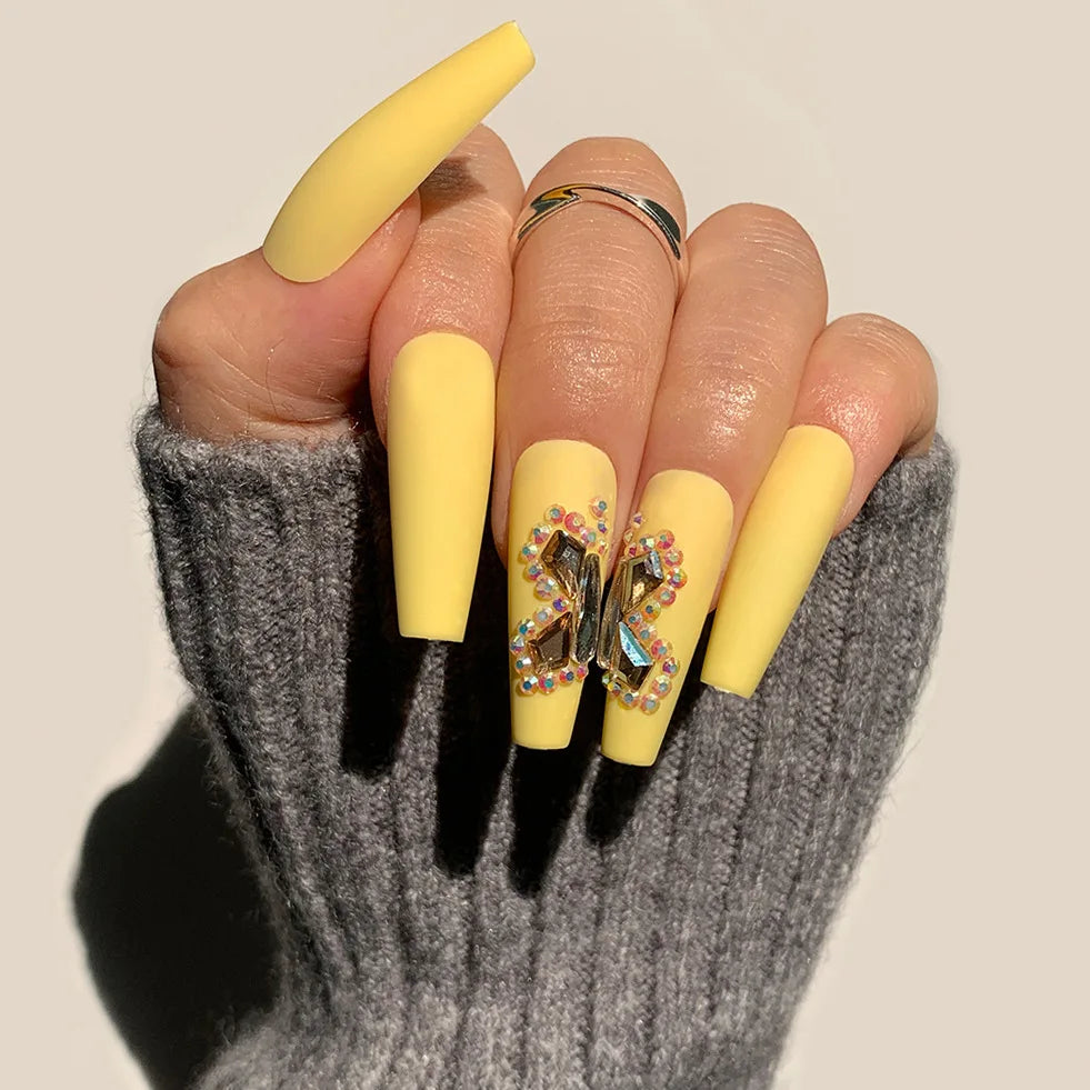 24Ps Super Long Ballet Wearable Fake Nails Blue Diamond Small Flower Press on Nail Stickers Finished Removable False Nail Pieces