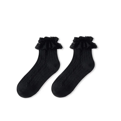 Woman Socks Solid Black White Lolita Lacework Ruffle Socks Summer Thin Japanese Style Kawaii Sweet Girls Cute Short Socks Women