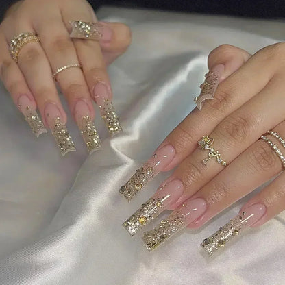 24Pcs Red Heart False Nails Long Luxury with French Design Rhinestone Wearable Fake Nail Simple Decoration Press on Nail Tips