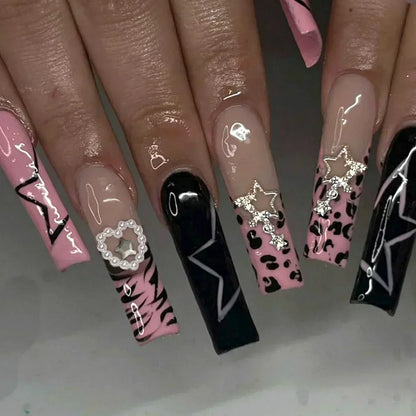 24Pcs Artifical False Nails with Glue Fake Nail Tips with Heart Designs Detachable Press on Nails XLong Finished False Nails tip