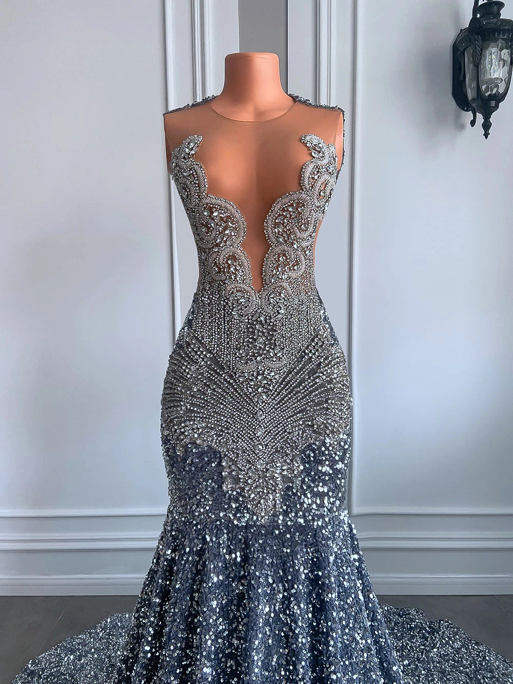 Sexy Long Sparkly Sheer O-neck Luxury Silver Crystals Diamond Sequin Mermaid