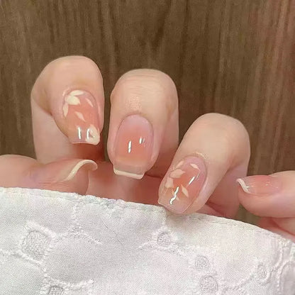 24Pcs Wearable French Fake Nails with Glue Simple Square False Nail Pink Short Detachable Press on Nail Tips Nude Manicure