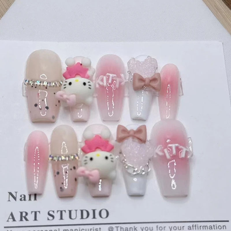 10Pcs Handmade Press on Nails Pink Hellokitty Charm Love Bow Decorated