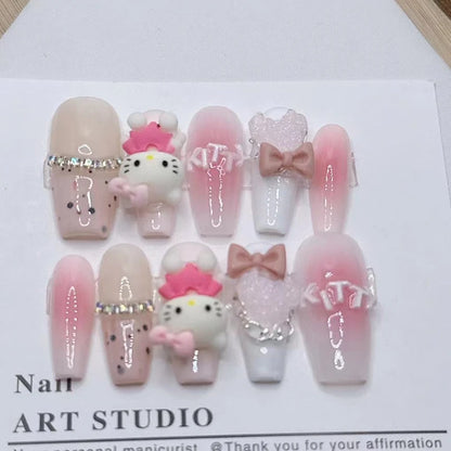 10Pcs Handmade Press on Nails Pink Hellokitty Charm Love Bow Decorated